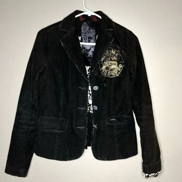 Miss Me Brown Distressed Corduroy Jacket Embroidered Long Sleeve Blazer Grunge S - Picture 2 of 15